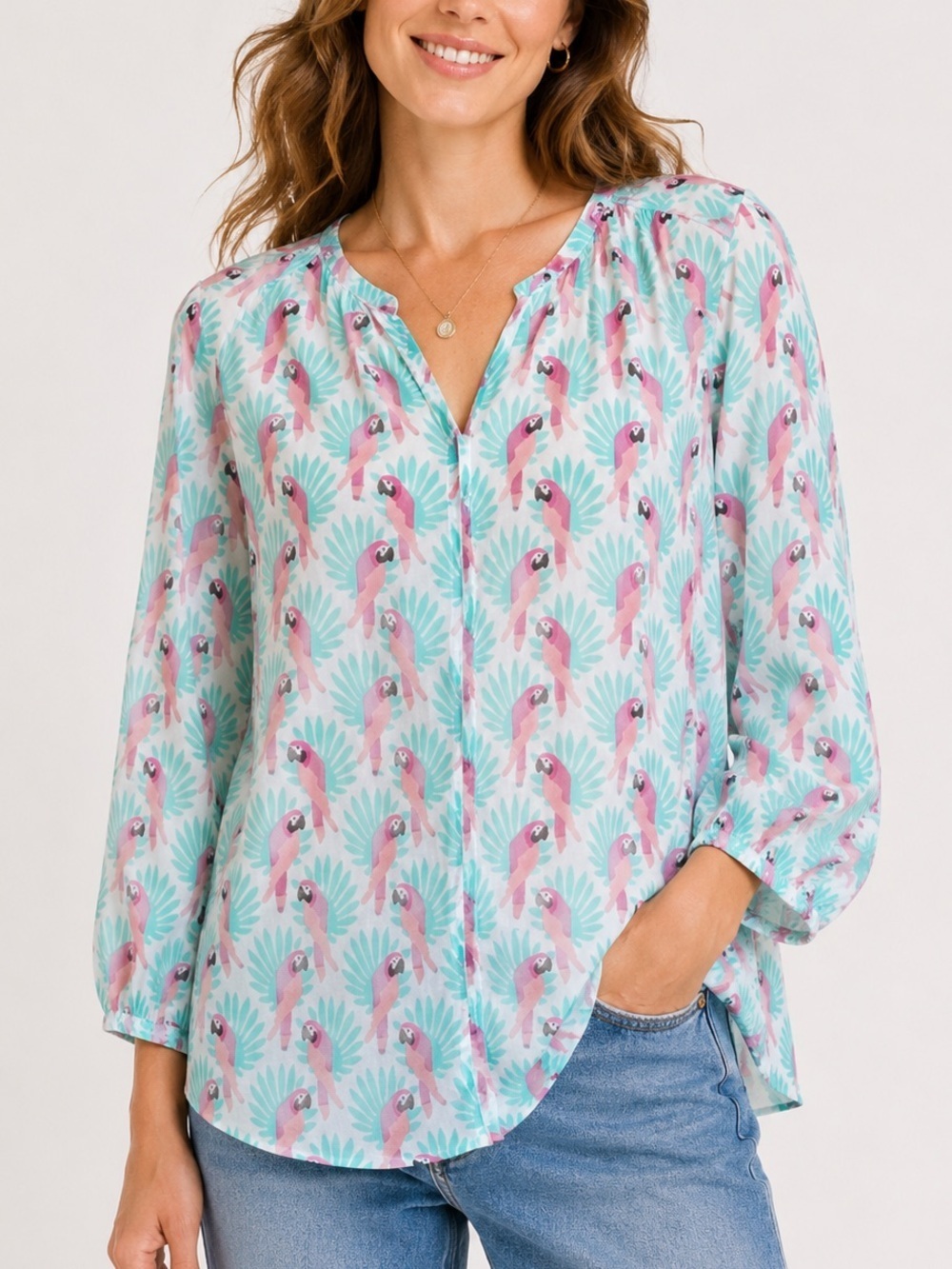 Roller Rabbit Bello Parrot Print Cotton Blouse Pink Aqua Tropical XS